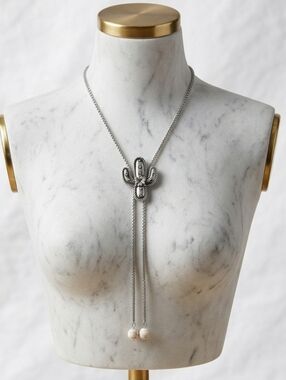 Silver Cactus Lariat Necklace with Hyalite Bead Tassels - Women Jewelry